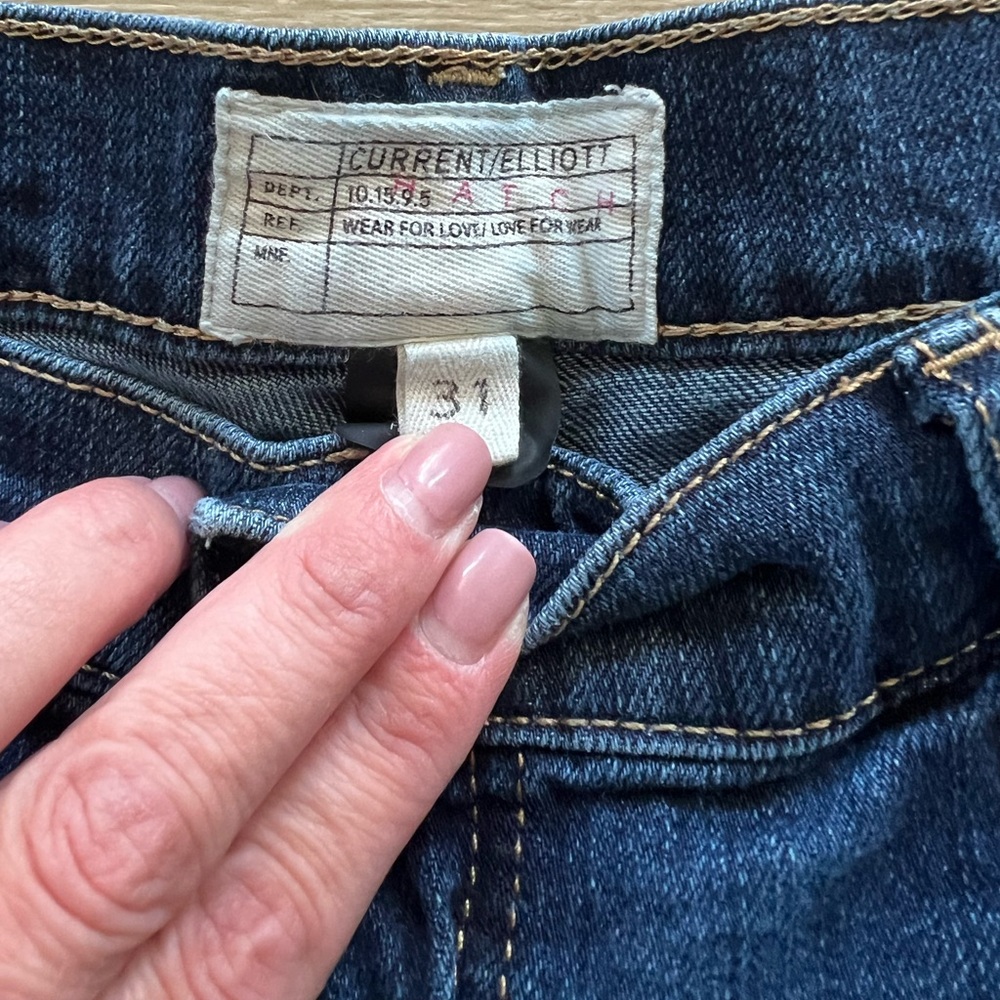 Hatch Current Elliot collab dark denim maternity jeans.
